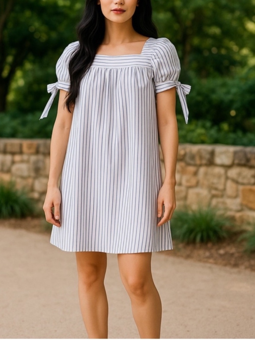 NWT Frame denim babydoll Blue White striped tie Puff Sleeve Shift Dress Mini